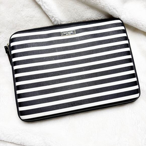 KATE SPADE New York Black & White Stripe Padded iPad Tablet Zip Case - Picture 1 of 10